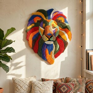 Handmade Lion Head Tufted Wall Hanging – Oversized Boho Fiber Art, Pop Art Decor