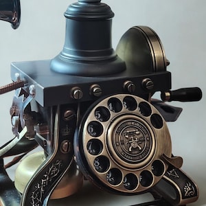 Op de afbeelding: Een draaischijftelefoon met een matzwarte basis en metallic bronzen accenten. De ronde kiesschijf bevat cijfers en de tekst Antique Collection Classic Series. Het frame heeft gegraveerde patronen, een slinger aan de zijkant en een bel.