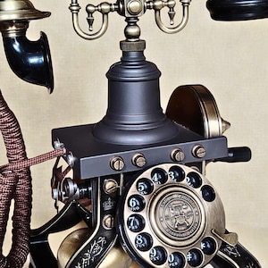 Könnte beinhalten: Ein antikes Wählscheibentelefon mit schwarzem Sockel und Hörer, akzentuiert mit messingfarbenen Details. Das Ziffernblatt zeigt Zahlen und die Worte "Antique Collection Classic Series". Das Telefon hat ein geflochtenes braunes Kabel.