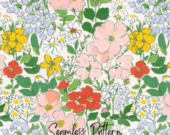 Cottagecore Meadow Flowers Seamless Pattern, Vibrant Wildflowers, Spring Watercolor Style Repeating Art (Digital Download)