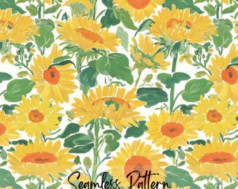 Watercolor Style Sunflower Seamless Pattern, Sunny Yellow Floral Repeating Art (Digital Download)