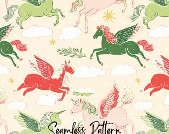 Whimsical Unicorn Pegasus Seamless Pattern, Retro Fabric Design (Digital Download)