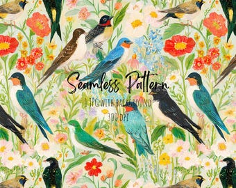 Spring Birds Floral Seamless Pattern, Colorful Meadow Art (Digital Download)