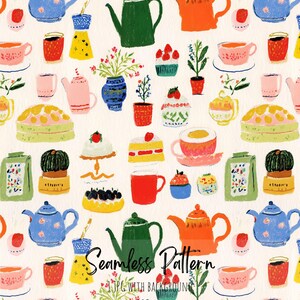 May include: A seamless pattern featuring hand-drawn illustrations of teapots, teacups, cakes, and potted plants in a variety of colors. The design includes blue, green, orange, and pink teapots, along with cakes topped with berries and cupcakes.