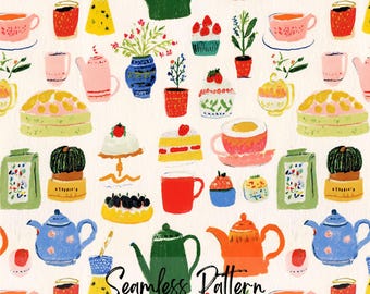 Spring Colorful Afternoon Tea Seamless Pattern, Spring Vibrant Picnic Vibe Repeating Art (Digital Download)
