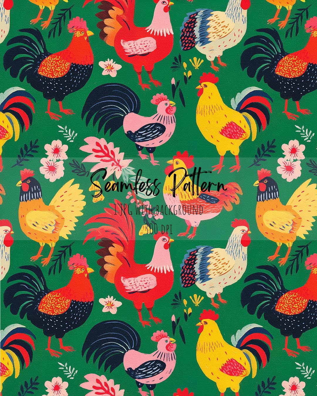 Chicken Repeat Pattern Easter Vibrant Cockrels Seamless Pattern, Spring Colorful Chicken ...