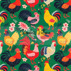 May include: A seamless pattern featuring colorful rooster illustrations on a green background. The roosters are depicted in various colors, including red, yellow, pink, and blue, with detailed feathers and combs. The pattern also includes floral accents and the text "Seamless Pattern".