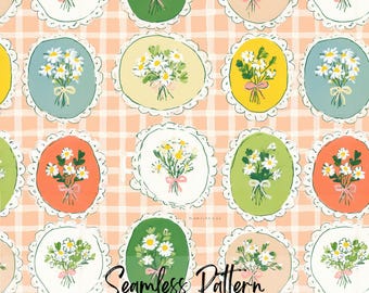 Cottagecore Floral Oval Medallions Seamless Pattern, Pastel Picnic Repeating Art (Digital Download)