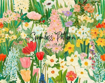 Spring Flowers Meadow Seamless Pattern, Whimsical Colorful Floral Repeating Art (Digital Download)