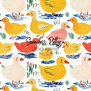 Puede incluir: Patrón sin costuras con ilustraciones de patos amarillos, rosas y rojos, sobre agua azul y juncos verdes. El diseño incluye el texto "Seamless Pattern" y está etiquetado como "1 JPG WITH BACKGROUND 300 DPI".