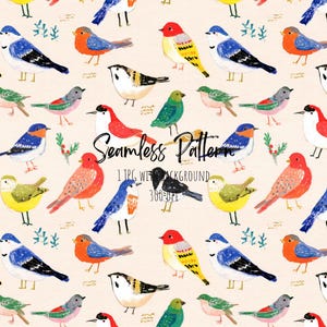 May include: A seamless pattern featuring a variety of colorful birds in a whimsical style. The birds are depicted in shades of red, blue, yellow, green, and black, set against a cream-colored background. The text "Seamless Pattern" is visible.