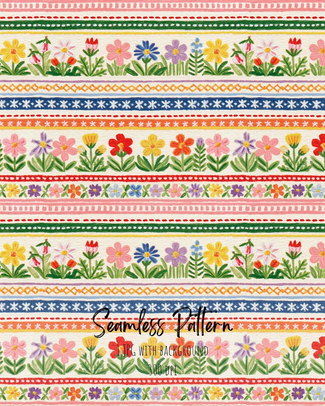 Colorful Floral Horizontal Stripes Seamless Pattern, Bright Flower ...