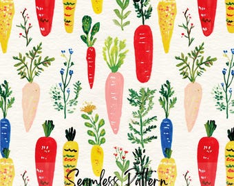 Colorful Carrot Seamless Pattern, Veggie Garden Art, Farm Vegetable Surface Pattern Design (Digital Download)