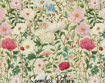 Botanical Floral Seamless Pattern, Vintage Wildflower Vine Print, Cottagecore Garden Flowers (Digital Download)
