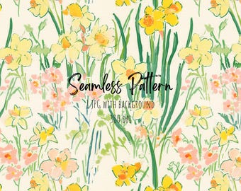 Easter Yellow Daffodils Seamless Pattern, Spring Pastel Floral Repeating Art (Digital Download)
