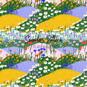 May include: A colourful seamless pattern depicting a meadow landscape. The design showcases yellow, purple, and green fields with daisies, orange, and blue flowers. The text "Seamless Pattern" is visible.