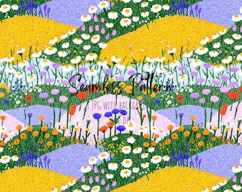 Vibrant Flowers Meadow Seamless Pattern, Whimsical Colorful Floral Repeating Art (Digital Download)