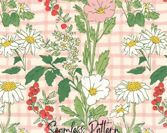Vintage Pink Gingham Checks Floral Seamless Pattern, Cottagecore Daisy & Berry Fabric Design (Digital Download)