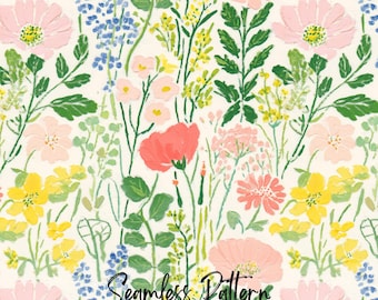 Spring Flowers Meadow Seamless Pattern, Whimsical Pastel Floral Repeating Art (Digital Download)