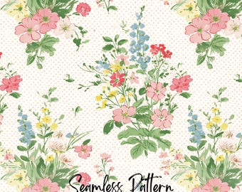 Vintage Cottagecore Floral Seamless Pattern, Pink Dots Bouquet Fabric Print (Digital Download)