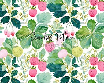 Whimsical Watercolor Style Strawberry Seamless Pattern, Floral Fruit Repeating Art (Digital Download)