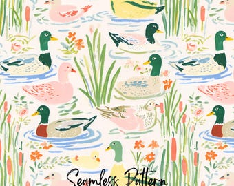 Whimsical Duck Pond Seamless Pattern, Watercolor Mallards and Ducklings, Pastel Reeds Flowers (Digital Download)