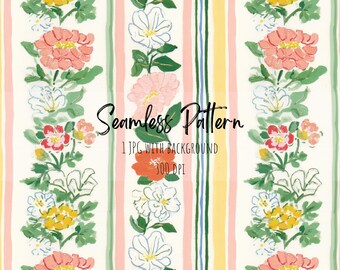 Cottagecore Floral Vertical Stripes Seamless Pattern, Pastel Spring Floral Repeating Art (Digital Download)