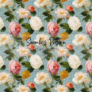 Op de afbeelding: Naadloos bloemenpatroon met rozen in roze, wit en geel, tegen een lichtblauwe achtergrond met witte stippen. De tekst "Seamless Pattern" wordt weergegeven.
