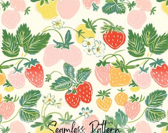 Pastel Strawberry Seamless Pattern, Berry Floral Print, Spring Fruit Surface Pattern Design (Digital Download)