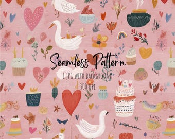 Whimsical Pink Flowers Gooses Seamless Pattern, Valentine's Day Hearts Repeating Art (Digital Download)