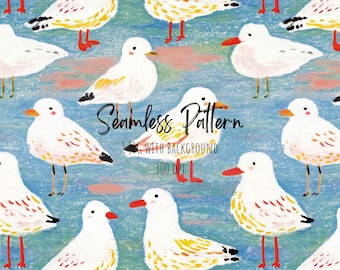 White Seagulls Blue Background Seamless Pattern, Whimsical Birds Repeating Art (Digital Download)