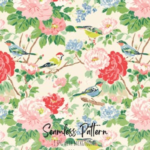 May include: Seamless pattern featuring a floral design with pink, red, and blue flowers, green leaves, and birds on a cream background. The text "Seamless Pattern" is displayed in a script font.