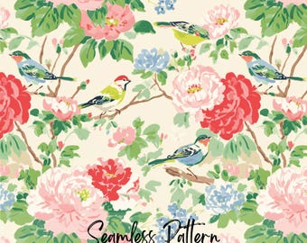 Floral Birds Seamless Pattern, Peony Flower and Colorful Songbirds Repeating Design (Digital Download)