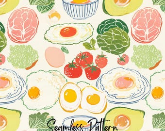 Spring Eggs and Vegetables Picnic Seamless Pattern, Whimsical Colorful Repeating Art (Digital Download)