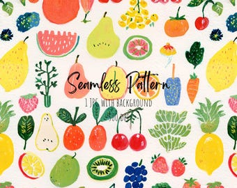 Spring Fruits Seamless Pattern, Whimsical Colorful Repeating Art (Digital Download)