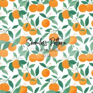 Può includere: Motivo senza cuciture con illustrazioni ad acquerello di arance, foglie verdi e fiori bianchi su sfondo bianco. Il testo "Seamless Pattern" è visualizzato. L'immagine è etichettata come 1 JPG con sfondo, 300 DPI.