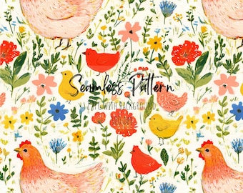 Easter Country Hen and Chicks Seamless Pattern, Meadow Floral Chicken Repeating Art (Digital Download)