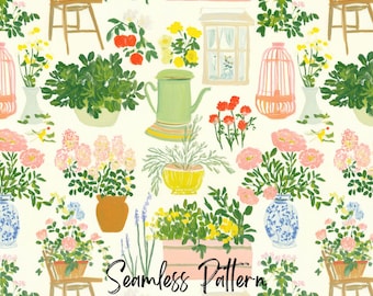 Cottagecore Floral Gardening Seamless Pattern, Pastel Spring Picnic Vibe Repeating Art (Digital Download)