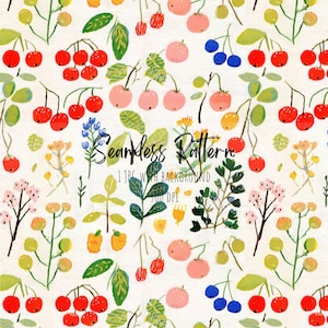 May include: A seamless pattern featuring hand-painted illustrations of cherries, peaches, blueberries, and various floral elements. The design includes the text "Seamless Pattern" and other details. The color palette includes red, pink, green, yellow, and blue.