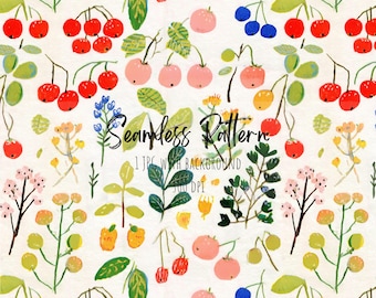 Whimsical Spring Berries Seamless Pattern, Colorful Fruit Repeating Art (Digital Download)