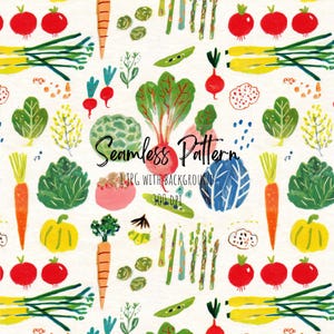 May include: A seamless pattern featuring hand-painted illustrations of various vegetables, including carrots, tomatoes, radishes, and asparagus, in vibrant colors. The text "Seamless Pattern" is visible. The design is set against a white background.