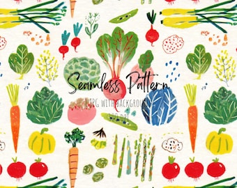 Spring Vegetables Seamless Pattern, Whimsical Colorful Repeating Art (Digital Download)