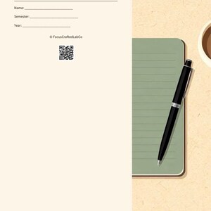 May include: An academic planner with the text "Focus - Plan - Achieve." The planner has space for a name, semester, and year. A green notepad with lined paper and a black pen are on the right side. A cup of coffee is also visible.