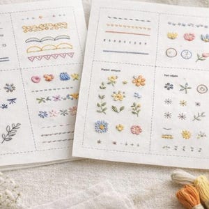 Pode incluir: Duas folhas brancas com amostras de pontos bordados, incluindo linhas retas, desenhos florais e bordas decorativas. O bordado utiliza fios de várias cores, como azul, amarelo, rosa e verde. Uma tesoura dourada e carretéis de linha também são visíveis.