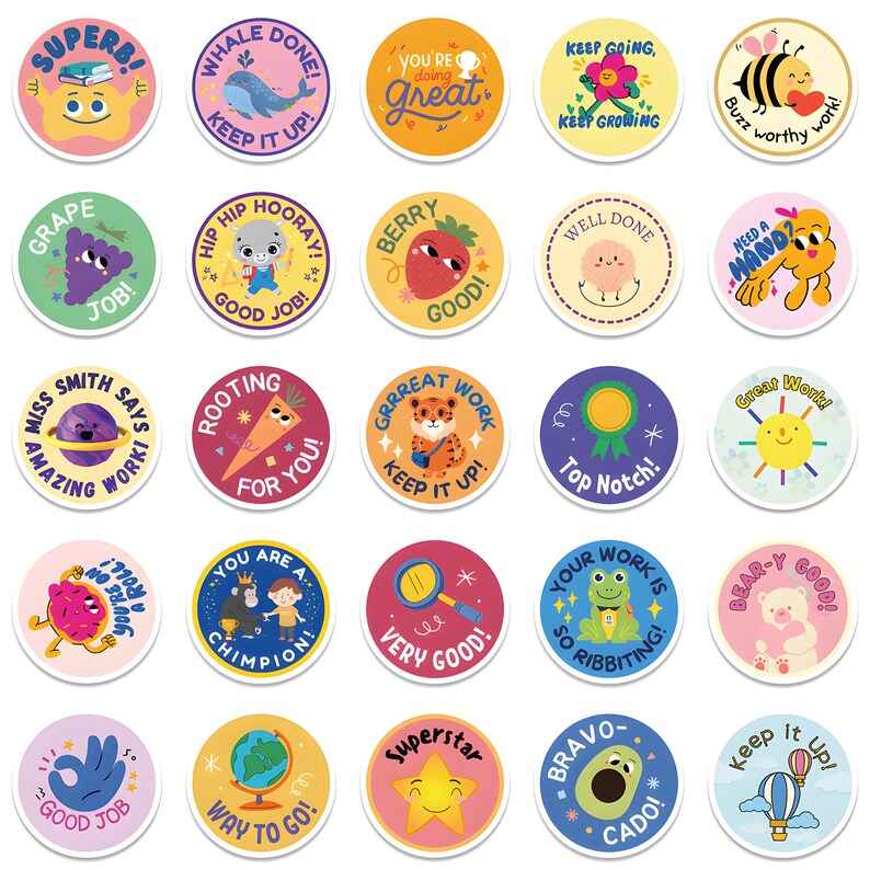 50 Kids Reward Stickers, Cute Animal Encouragement Decals, Well Done ...