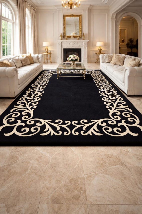 Hand getufteter Neuseeland-Wollteppich Schwarz-Creme Blumenrand-Luxus-Vorleger Teppich Moderne Wohnzimmer Teppich Custom Größe