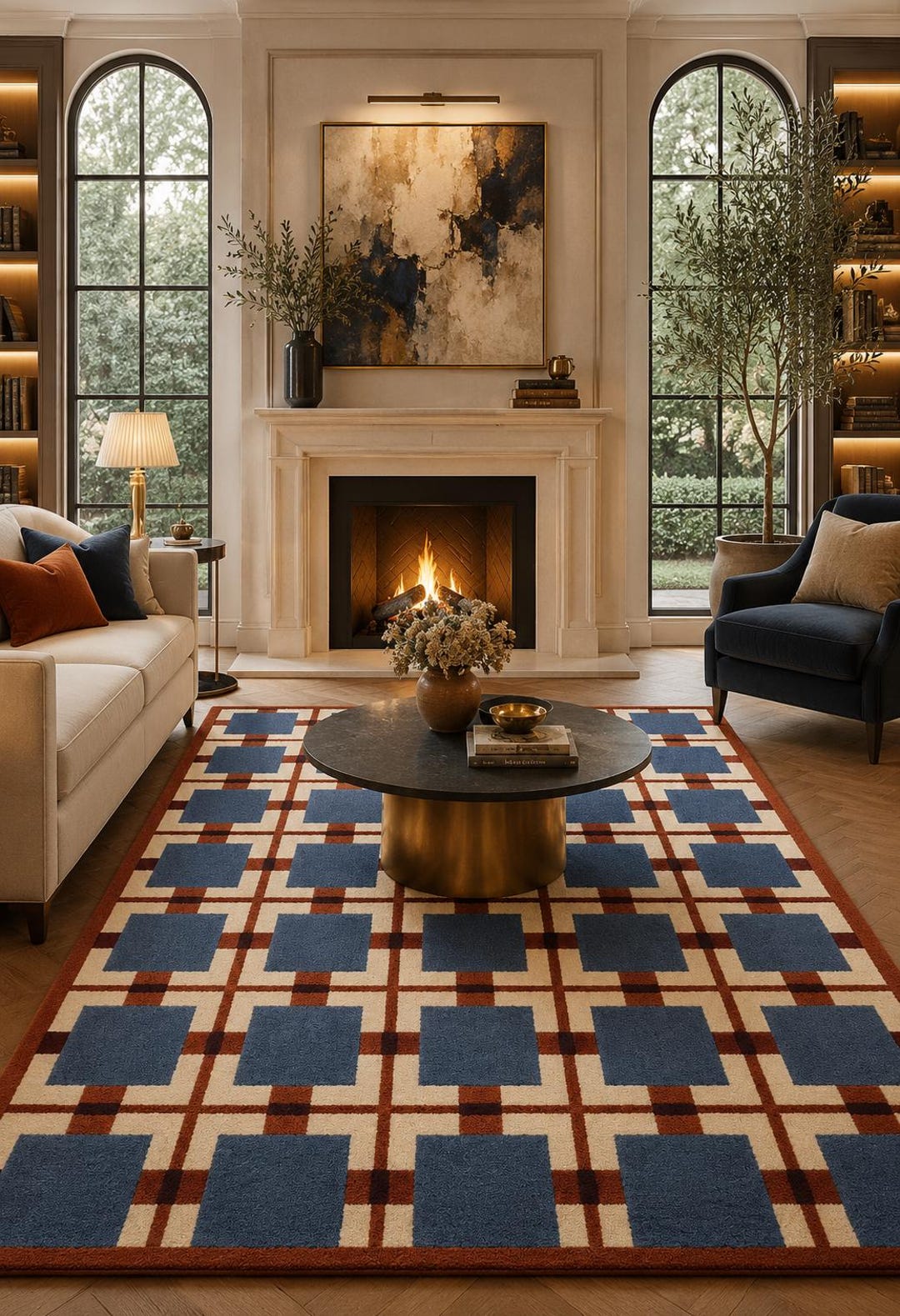 100% Hand Tufted NZ Wool Rug, Geometric Grid Blue Square Rug, Modern ...