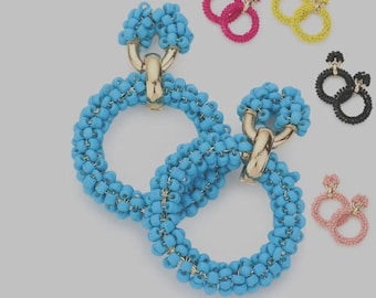 Hoop Circle Disc Seed Bead Drop Statement Long Strand Pierced Post Earrings
