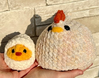 Peluche maman poulet avec poussin à éclore Amigurumi Stuffie animal en peluche au crochet FABRIQUÉ SUR COMMANDE