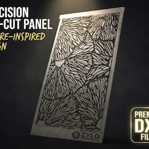 May include: A rectangular metal panel featuring a precision CNC-cut pattern of organic, leaf-like shapes. The text reads PRECISION CNC-CUT PANEL, NATURE-INSPIRED DESIGN, ZYLO ENGINEERING, and PREMIUM DXF FILES. The panel has a metallic silver finish.